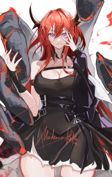 Rule 34 | 1girl, absurdres, arknights, armlet, bare shoulders, black dress, breasts, brown horns, burnt clothes, chest strap, chinese commentary, cleavage, commentary request, cowboy shot, demon girl, demon horns, detached collar, dress, fingernails, hair intakes, hand up, highres, horns, jewelry, large breasts, lava, long hair, looking at viewer, madana gege, parted lips, purple eyes, red hair, rhodes island logo (arknights), simple background, slit pupils, solo, straight-on, surtr's golem (arknights), surtr (arknights), thigh gap, v-shaped eyebrows, white background, wide hips