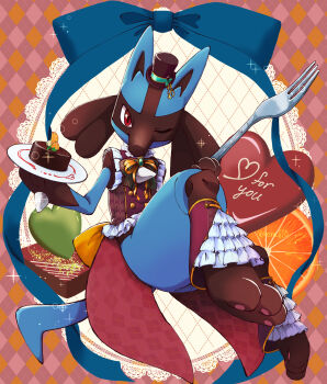 1other argyle_background blue_bow bow commentary_request dessert english_text food fork fruit full_body furry gen_4_pokemon heart highres holding holding_plate leg_warmers lucario nintendo one_eye_closed orange_(fruit) orange_slice oversized_fork oversized_object pawpads plate pokemon pokemon_(creature) red_eyes red_shirt shirt solo sora_(sora610) sparkle striped_bow