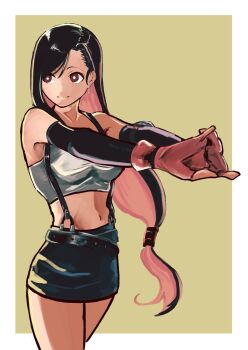 1girl bare_shoulders black_hair black_sleeves border breasts closed_mouth cowboy_shot crop_top detached_sleeves earrings final_fantasy final_fantasy_vii gloves highres jewelry long_hair looking_to_the_side low-tied_long_hair mazu_(mz43033458) medium_breasts midriff miniskirt navel outside_border outstretched_arms own_hands_together red_gloves single_earring skirt smile solo stretching suspender_skirt suspenders tank_top tifa_lockhart white_border white_tank_top
