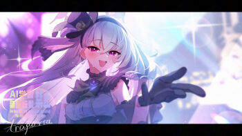 1girl black_gloves black_hat blue_archive crossed_bangs dress floating_hair flower gloves grey_hair hair_between_eyes half_gloves hamanashi_(trapiorra) hand_up hat hat_flower long_hair looking_at_viewer mini_hat mini_top_hat official_alternate_costume open_mouth red_eyes sakurako_(blue_archive) sakurako_(idol)_(blue_archive) smile stage_lights sweat top_hat upper_body very_long_hair