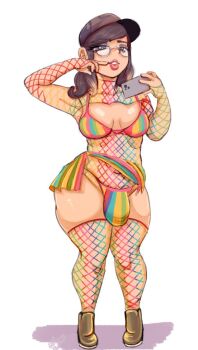 1futa black_eyes black_hair breasts bulge cellphone fishnets futanari glasses hat medium_breasts phone rayraysugarbutt small_breasts smartphone white_background wide_hips