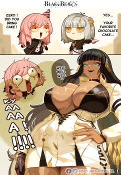 3girls ara_ara arm_strap black_beacon black_bodysuit black_gloves black_hair blue_eyes bodysuit bodysuit_under_clothes bracelet breasts chibi collared_jacket dark-skinned_female dark_skin earrings eyebrows_hidden_by_hair facepaint from_below gloves glowing glowing_eyes gold_bracelet gold_earrings gold_hairband gold_lips gold_nails gold_trim grey_hair hair_between_eyes hair_ornament hairband hand_on_own_chest highres hime_cut hoop_earrings jacket jewelry kinohara_kossuta large_breasts legs_together lips lipstick long_hair long_sleeves looking_at_another makeup multiple_girls multiple_views nail_polish nanna_(black_beacon) nose open_mouth panels parted_bangs pink_hair pointing raised_eyebrows ring shadow single_glove smug standing sweat teeth thick_thighs thighs tongue tongue_out unzipped unzipped_bodysuit very_long_hair white_jacket yellow_eyes