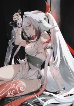 1girl absurdres alternate_form animal_ears arm_support armlet bare_shoulders black_hair bracelet breasts china_dress chinese_clothes commentary covered_navel cowboy_shot dark_background dress droopy_ears english_commentary from_behind gradient_hair hairband highres holding holding_sword holding_weapon jewelry kamui_(kurohshiro1) leg_tattoo long_hair looking_at_viewer medium_breasts metal_bracelet multicolored_hair parted_lips qingming_sword red_eyes red_hair sideboob silver_armlet silver_bracelet sitting solo sword tail tattoo very_long_hair weapon white_dress white_hair white_hairband white_tail ye_shunguang zenless_zone_zero