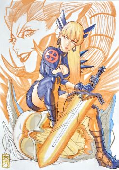 1girl acecore2k armor black_boots black_gloves black_shorts black_thighhighs blonde_hair blue_eyes boots breasts cleavage cleavage_cutout clothing_cutout commentary darkchylde demon_girl dual_persona earrings elbow_pads english_commentary gloves glowing glowing_sword glowing_weapon grin highres holding holding_sword holding_weapon horns jewelry looking_to_the_side magik_(x-men) marker_(medium) marvel medium_breasts pauldrons pen_(medium) planted planted_sword planted_weapon shorts shoulder_armor signature single_elbow_pad sitting skull smile spiked_pauldrons spikes sword thighhighs traditional_media weapon white_background x-men