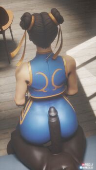 1boy 1girl 3d alternate_costume alternate_hairstyle ass brown_hair buttjob buttjob_over_clothes capcom chun-li dark-skinned_male dark_skin double_bun hair_bun hair_ribbon hetero highres huge_ass imminent_penetration interracial official_alternate_costume ribbon sitting sitting_on_lap sitting_on_person street_fighter street_fighter_v