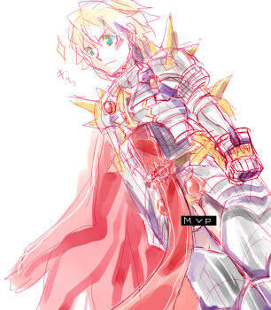 Rule 34 | 1boy, armor, bar censor, black pants, blonde hair, blonde pubic hair, blush, breastplate, cape, censored, chainmail, closed mouth, commentary request, cowboy shot, crotchless, crotchless pants, dutch angle, flaccid, green eyes, looking afar, male focus, male pubic hair, mvp, pants, pauldrons, penis, penis out, pubic hair, ragnarok online, red cape, red tabard, rune knight (ragnarok online), short hair, simple background, solo, spiked gauntlets, spiked pauldrons, spikes, tabard, testicles, white background, yukimushi