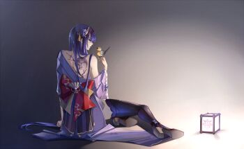 1girl absurdres back_tattoo bird bird_on_hand breasts flower from_behind genshin_impact glowing hair_ornament hashtag-only_commentary high_heels highres japanese_clothes kimono lamp long_hair long_sleeves looking_at_viewer mole mole_under_eye ngkhyn obi open_mouth purple_eyes purple_hair raiden_shogun redesign sash simple_background sitting solo tattoo thighhighs yokozuwari