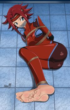 1girl absurdres barefoot bodysuit code_geass feet foot_focus gag gagged helpless highres improvised_gag kouzuki_kallen red_bodysuit red_hair rope shadow_xcp signature soles tape tape_gag toenails toes