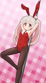 1girl absurdres ahoge animal_ears armpits arms_behind_head arms_up artist_name bare_arms bare_shoulders black_pantyhose breasts colored_inner_hair commentary covered_navel detached_collar fake_animal_ears fake_tail foot_out_of_frame grey_hair grid_background happyundergate highres leotard light_blush loli long_hair multicolored_hair necktie onii-chan_wa_oshimai! oversized_breast_cup oyama_mahiro pantyhose pink_background pink_hair playboy_bunny pole rabbit_ears rabbit_tail red_leotard red_necktie short_necktie simple_background small_breasts solo stripper_pole tail twitter_username two-tone_hair