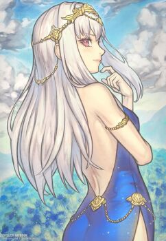 alternate_costume armlet artist_name backless_dress backless_outfit bare_shoulders blue_sky blush circlet cloud commentary dress fire_emblem fire_emblem:_three_houses formal_clothes from_behind gofelem jewelry lips long_hair looking_at_viewer lysithea_von_ordelia nintendo pink_eyes pink_lips profile purple_dress sky white_hair