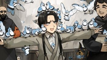 3boys :d aged_down bald beard bird black_hair blue_jay cardinal_(animal) chicken commentary diva_(hyxpk) dobermann dog duck english_commentary facial_hair father_(diva) grey_shirt highres little_nuns_(diva) male_focus multiple_boys no_eyes odd_one_out open_mouth priest round_eyewear shirt smile sunglasses upside-down