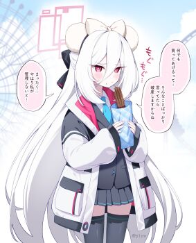 1girl :t animal_ears black_bow black_hairband black_thighhighs blue_archive blue_necktie blush bow churro closed_mouth collared_shirt commentary_request cowboy_shot day eating ferris_wheel fingernails food food_on_face furrowed_brow grey_skirt hair_bow hairband half_updo halo hands_up highres holding holding_food jacket kei_(blue_archive) kei_(new_body)_(blue_archive) komi_zumiko long_hair looking_at_viewer miniskirt mouse_ears necktie open_clothes open_jacket outdoors pink_halo pleated_skirt rectangular_halo red_eyes ringed_eyes school_uniform shirt sidelocks skirt sleeves_past_wrists solo speech_bubble straight_hair thighhighs translation_request tsurime very_long_hair white_bow white_hair white_jacket white_shirt wide_sleeves zettai_ryouiki