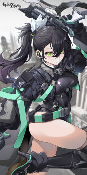Rule 34 | 1girl, absurdres, ass, asymmetrical legwear, belt, black hair, blurry, blurry background, breasts, building, coli (epic seven), copyright name, covered navel, dual wielding, earpiece, epic seven, gloves, green eyes, gunblade, high heels, high ponytail, highres, holding, ice, jacket, large breasts, legband, leotard, long hair, mole, mole under eye, multicolored gloves, multiple belts, official alternate costume, official art, official wallpaper, ponytail, solo, tactical archetype coli, thighhighs, two-tone gloves, weapon