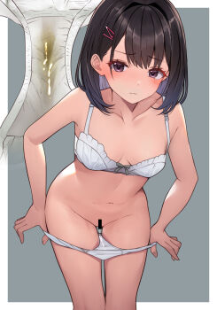 1girl bar_censor black_hair blush border bow bow_bra bra breasts censored closed_mouth commentary_request cowboy_shot embarrassed grey_background grey_eyes hair_intakes hair_ornament hairclip highres looking_at_viewer lumina414 medium_breasts medium_hair navel original outside_border panties panty_pull parted_bangs pee_stain pussy_juice pussy_juice_trail solo stained_panties stomach underwear underwear_only white_border white_bra white_panties