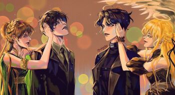 Rule 34 | 2boys, 2girls, bangle, belt collar, black dress, black hair, black jacket, black necktie, black shirt, blurry, bokeh, bracelet, collar, collared shirt, depth of field, dress, feathered wings, hair bun, hair ribbon, halo, hand on another's head, hashtag-only commentary, idol, jacket, jewelry, kim dokja, laurel crown, looking at another, looking back, makeup, multiple boys, multiple girls, necktie, omniscient reader's viewpoint, persephone (omniscient reader's viewpoint), ribbon, shirt, short hair, smile, uriel (omniscient reader's viewpoint), wei inn, white shirt, white wings, wings, wrist cuffs, yoo joonghyuk