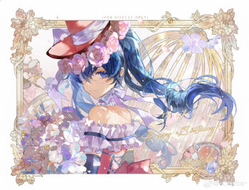 1boy back_bow bare_shoulders birdcage black_gloves blue_eyes blue_hair border bouquet bow cage choker ciel_phantomhive ciel_phantomhive_(robin_dress) closed_mouth colyba cross-laced_clothes crossdressing crossdressing_(mtf) cup dress earrings elbow_gloves eyepatch flower frilled_choker frilled_dress frills gloves hair_between_eyes happy_birthday hat hat_flower highres holding holding_bouquet jewelry kuroshitsuji long_hair looking_at_viewer looking_back male_focus medical_eyepatch off-shoulder_dress off_shoulder ornate_border pink_bow pink_choker pink_dress pink_flower pink_hat pink_rose ringlets rose saucer solo stud_earrings tea teacup tiered_tray trap twintails watermark weibo_watermark white_border white_flower