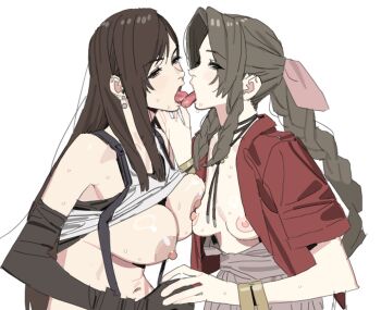 2girls aerith_gainsborough blush braid breast_press breasts breasts_out brown_eyes brown_hair clothes_lift earrings final_fantasy final_fantasy_vii final_fantasy_vii_remake french_kiss hair_ribbon highres imamura_ryou jewelry kiss large_breasts long_hair medium_breasts multiple_girls navel nipples ribbon saliva shirt_lift single_braid tifa_lockhart tongue tongue_out yuri