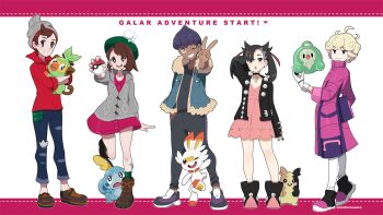 2girls 3boys :o arm_behind_head beanie bede_(pokemon) black_footwear black_jacket black_nails blonde_hair blush boots brown_footwear brown_hair buttons cardigan coat collared_dress commentary curly_hair dark-skinned_male dark_skin dress duosion dynamax_band earrings eyelashes fur-trimmed_jacket fur_trim gen_5_pokemon gen_8_pokemon gloria_(pokemon) gloves green_eyes green_headwear green_socks grey_cardigan grey_headwear grin grookey hair_ribbon hand_in_pocket hand_up hat highres holding holding_poke_ball hop_(pokemon) jacket jewelry knees marnie_(pokemon) morpeko morpeko_(full) multiple_boys multiple_girls nail_polish nashirasauce nintendo one_eye_closed open_clothes open_jacket pants parted_lips pink_dress plaid_clothes plaid_socks poke_ball poke_ball_(basic) pokemon pokemon_(creature) pokemon_swsh purple_coat red_ribbon red_shirt ribbon scorbunny shirt shoes short_hair sleeves_rolled_up smile sobble socks standing tam_o&#039;_shanter teeth twintails v victor_(pokemon) white_background white_gloves white_pants