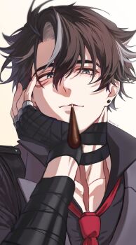 1boy bandaged_arm bandaged_neck bandages black_bandages black_gloves black_hair closed_mouth dodogen_0 earrings fingerless_gloves food food_in_mouth genshin_impact gloves grey_hair hair_between_eyes hands_on_own_face highres jewelry looking_at_viewer male_focus multicolored_hair pocky pocky_in_mouth scar scar_on_face scar_on_neck short_hair simple_background solo streaked_hair twitter_username white_background wriothesley_(genshin_impact)