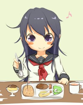 Rule 34 | 10s, 1girl, akatsuki (kancolle), anchor symbol, bad id, bad pixiv id, blush stickers, cup, female focus, flag, food, ito (itokayu), itokayu, kantai collection, long hair, musical note, neckerchief, no headwear, okosama lunch, pudding, purple eyes, purple hair, quaver, red neckerchief, school uniform, serafuku, shrimp, shrimp tempura, smile, solo, spoon, tempura, tray