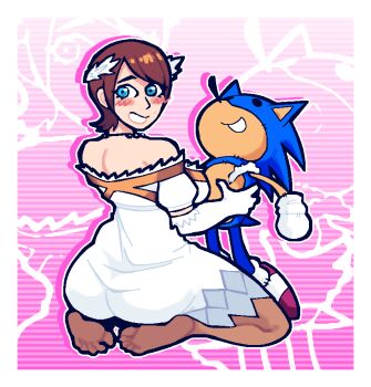 1girl ass blue_eyes blush brown_hair brown_pantyhose ceddrawsnear character_doll doll dress feather_hair_ornament feathers hair_ornament looking_at_viewer outline pantyhose princess_elise_the_third seiza sitting sonic_(series) sonic_the_hedgehog sonic_the_hedgehog_(2006) sweatdrop white_dress white_outline zoom_layer