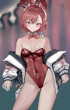 Rule 34 | 1girl, ahoge, animal ears, black halo, blue archive, bow, bowtie, braid, commentary request, cowboy shot, detached collar, fake animal ears, halo, highres, huge ahoge, jacket, leotard, looking at viewer, neru (blue archive), neru (bunny) (blue archive), official alternate costume, playboy bunny, print jacket, red leotard, rokuba, single braid, solo, strapless, strapless leotard, sukajan, traditional bowtie