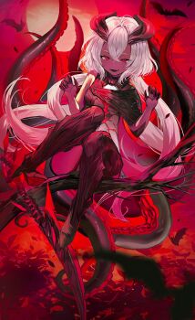 1girl absurdres bat_(animal) black_bodysuit black_boots black_horns bodysuit boots breasts claws colored_skin commentary demon_girl demon_horns duet_night_abyss grey_skin guest_art hair_between_eyes highres horns long_hair looking_at_viewer low_twintails multicolored_bodysuit narrowed_eyes open_mouth parted_bangs red_eyes single_bare_shoulder small_breasts smile solo sword tabethe_(duet_night_abyss) teeth tentacles twintails very_long_hair weapon white_bodysuit white_hair y_o_u_k_a