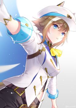 Rule 34 | 1girl, akatsuki (kuon), animal ears, ascot, belt, black shorts, blue cape, blue eyes, blush, breasts, brown belt, brown hair, cape, cheval grand (grand itineraire) (umamusume), cheval grand (umamusume), commentary request, ear covers, ears through headwear, gloves, hair between eyes, hat, hat belt, horse ears, horse girl, horse tail, jacket, medium breasts, midriff peek, multicolored hair, navel, parted lips, peaked cap, shorts, simple background, single glove, solo, streaked hair, tail, umamusume, white hair, white hat, white jacket, yellow ascot