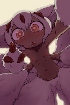 1girl arthropod_girl blush body_fur breasts cowboy_shot dark-skinned_female dark_skin extra_arms faputa female_focus grey_background insect_girl loli looking_at_viewer made_in_abyss monster_girl nipples open_mouth poethewondercat pov sharp_teeth simple_background small_breasts solo spider_girl teeth topless_female white_fur yellow_eyes