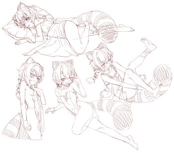 1girl :d agemmata animal_ear_fluff animal_ears bare_arms bare_legs bare_shoulders barefoot breasts commentary dress english_commentary greyscale hair_ornament hairclip highres komachi_panko leotard long_hair looking_at_viewer monochrome multiple_views open_mouth phase_connect pillow red_panda_ears red_panda_girl red_panda_tail simple_background sketch sleeveless sleeveless_dress small_breasts smile strapless strapless_leotard striped_tail tail virtual_youtuber waking_up