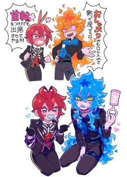 2boys 3d_tansoku adult_baby anger_vein angry antenna_hair arguing bags_under_eyes belt between_legs black_eyes black_gloves black_jacket black_pants blue_eyeshadow blue_hair blue_lips blush bow bowtie buckle buttons clenched_hands clenched_teeth collar collarbone collared_shirt colored_eyelashes commentary constricted_pupils cropped_legs diagonal-striped_bow diagonal-striped_bowtie diagonal-striped_clothes double-breasted eyeshadow fiery_hair film_grain from_above frown full-face_blush full_body furious furrowed_brow gloves gold_trim hair_between_eyes hand_between_legs hand_on_own_hip hand_up heart highres holding holding_leash holding_rattle idia_shroud ignihyde_dorm_uniform insult jacket leash leash_pull light_blush long_hair long_sleeves looking_at_another looking_at_viewer makeup male_focus multiple_boys multiple_views nervous_sweating night_raven_college_school_uniform open_clothes open_hand open_jacket open_mouth orange_hair outline pacifier pale_skin pants peanut_mouth pink_collar puff_of_air raised_inner_eyebrows rattle red_hair red_vest riddle_rosehearts school_uniform seiza sharp_teeth shirt short_hair shouting simple_background sitting small_sweatdrop snap-fit_buckle speech_bubble spiked_collar spikes striped_bow striped_bowtie striped_clothes sweat symbol-only_commentary teeth thigh_strap tie_clip translation_request turn_pale twisted_torso twisted_wonderland two-sided_fabric two-sided_jacket uneven_eyes v-shaped_eyebrows very_long_hair vest white_background white_outline white_shirt yellow_eyes