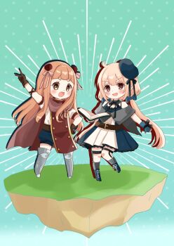 2girls :d arm_up armored_boots belt belt_buckle blonde_hair blue_background blue_boots blue_dress blue_hat blue_shorts blush book boots brown_belt brown_eyes brown_gloves brown_hair brown_robe buckle dress floating_island flower futaba_anzu gloves grey_socks hair_between_eyes hat hat_flower highres holding holding_book ichihara_nina idolmaster idolmaster_cinderella_girls idolmaster_cinderella_girls_starlight_stage lace-up_boots long_hair low_twintails multiple_girls open_book open_mouth pleated_dress polka_dot polka_dot_background puffy_short_sleeves puffy_shorts puffy_sleeves ribbed_socks rino_cnc robe shirt short_sleeves shorts smile socks standing standing_on_one_leg thigh_boots tilted_headwear twintails v v-shaped_eyebrows very_long_hair white_shirt