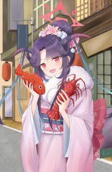 1girl :d a_ekoa absurdres animal back_bow black_hair black_horns blue_archive blush bow cherry_blossom_print commentary cowboy_shot day demon_girl demon_horns dual_wielding fish floral_print flower fur-trimmed_kimono fur_trim furisode fuuka_(blue_archive) fuuka_(new_year)_(blue_archive) hair_bun hair_flower hair_on_horn hair_ornament halo hands_up highres holding holding_animal holding_fish horns japanese_clothes kanzashi kimono lobster long_hair long_sleeves official_alternate_costume official_alternate_hairstyle open_mouth outdoors pink_bow pink_flower pink_kimono pink_sash print_sash red_eyes red_halo sash sidelocks single_hair_bun smile solo sparkle very_long_hair wide_sleeves