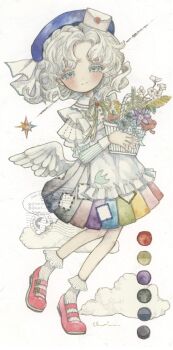 1girl acrylic_paint_(medium) angel_wings apron basket beret bird blue_eyes blush bow brooch commentary_request curly_hair dress feathered_wings floating frilled_apron frilled_dress frilled_socks frills full_body hair_bow hat highres holding holding_basket instagram_logo instagram_username jewelry juliet_sleeves karintoun letter long_eyelashes long_sleeves looking_at_viewer medium_hair meteor multicolored_skirt muted_color neck_ribbon original painting_(medium) pale_skin parted_bangs postmark puffy_sleeves rainbow_skirt red_shoes ribbon shoes signature single_wing skirt smile socks solo star_(symbol) striped_sleeves traditional_media twitter_username twitter_x_logo watercolor_(medium) watermark white_background white_hair wings