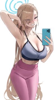 1girl absurdres alternate_costume armpits asuna_(blue_archive) asymmetrical_bangs blonde_hair blue_archive blue_eyes breasts cellphone cellphone_photo exercising halo highres holding holding_phone large_breasts logknn long_hair phone presenting_armpit smile solo sportswear standing sweat sweaty_clothes