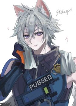 Rule 34 | 1boy, absurdres, animal ears, artist name, cat boy, cat ears, cat tail, commentary request, gloves, hair between eyes, highres, jacket, male focus, police, police badge, police uniform, policeman, revision, scar, scar on arm, seth lowell, short hair, sidelocks, simple background, smile, solo, stellaspei, tail, white hair, zenless zone zero