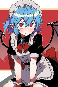 1girl apron bat_wings black_dress blue_hair blush bollzzalguy border bow bowtie brooch closed_mouth commentary double-parted_bangs dress fang feet_out_of_frame frilled_dress frilled_wrist_cuffs frills frown hair_between_eyes highres jewelry leaning_forward maid maid_apron maid_headdress pointy_ears puffy_short_sleeves puffy_sleeves red_background red_bow red_bowtie red_eyes red_wrist_cuffs remilia_scarlet short_hair short_sleeves simple_background solo sweatdrop touhou v-shaped_eyebrows vampire white_border wings wrist_cuffs yellow_border