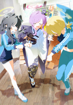 3girls ^_^ absurdres animal_ears bare_legs belly black_hair black_shorts blonde_hair blue_archive blue_shirt bm_tol closed_eyes commentary dancing dog_ears dolphin_shorts engineering_department_(blue_archive) floral_print flower furrowed_brow hair_flower hair_ornament halo hibiki_(blue_archive) highres indoors jacket kotori_(blue_archive) midriff motion_blur multiple_girls navel pants ponytail purple_hair shadow shirt shoes short_shorts shorts socks tabi track_jacket track_pants two-tone_kimono utaha_(blue_archive) uwabaki white_socks wooden_floor