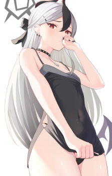 1girl bare_shoulders black_bow black_choker black_dress black_hair black_halo black_nails black_panties blue_archive blush bow breasts choker clothes_lift covered_navel demon_girl demon_horns demon_wings dress dress_lift earrings from_below hair_between_eyes hair_bow halo hand_up highres hip_focus horns jewelry kayoko_(blue_archive) kayoko_(dress)_(blue_archive) long_hair looking_at_viewer looking_down multicolored_hair nail_polish panties ray_726 red_eyes short_dress skin_tight sleeveless sleeveless_dress small_breasts solo spaghetti_strap spiked_choker spikes teasing thighs two-tone_hair underwear very_long_hair white_hair wings