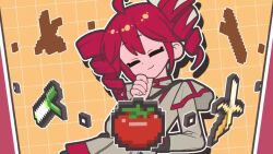 1girl ? ahoge animated arimoto_wataru banana bread drill_hair food fruit hands_on_own_face kasane_teto pixel_art red_eyes red_hair skirt smile solo spring_onion squiggle tagme thinking tomato twin_drills utau video