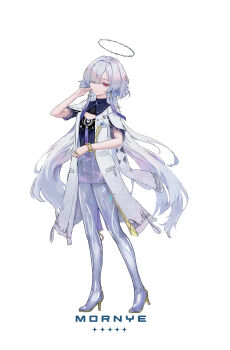 1girl absurdres character_name closed_mouth colored_eyelashes commentary dress full_body grey_hair hair_ornament halo hand_up high_heels highres id_card jacket long_hair looking_at_viewer mienpp mornye_(wuthering_waves) purple_dress red_eyes see-through_body simple_background solo white_background white_jacket wuthering_waves