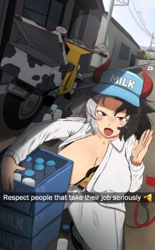1girl absurdres animal_print baseball_cap belt bottle breasts cloudykeyz convenient_censoring cow_print cow_tail english_text hat highres horns large_breasts milk milk_bottle motor_vehicle motorcycle multicolored_hair one_breast_out open_mouth original red_eyes red_horns snapchat sweat tagme tail two-tone_hair