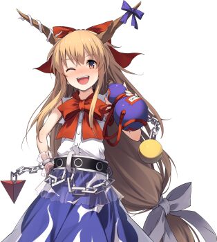 1girl ball_and_chain_restraint blonde_hair blush bow bowtie brown_horns chain cuffs drunk eho_(icbm) game_cg gourd hair_bow hand_on_own_hip horn_bow horn_ornament horns ibuki_suika labyrinth_of_touhou_(series) labyrinth_of_touhou_tri long_hair non-web_source official_art one_eye_closed oni open_mouth purple_skirt red_bow red_bowtie shackles shirt skirt smile solo touhou transparent_background very_long_hair white_shirt