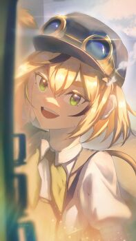 1girl absurdres black_hair blonde_hair blue_hat blue_overalls dooby dooby_(1st_costume) goggles goggles_on_head green_eyes hat highres indie_virtual_youtuber looking_at_viewer multicolored_hair open_mouth overalls shirt short_hair solo streaked_hair tail train virtual_youtuber white_shirt zarasaru