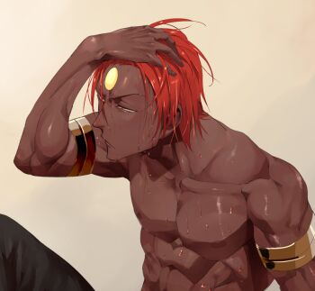 Rule 34 | 1boy, adam's apple, armlet, ashwatthama (fate), closed mouth, collarbone, commentary request, dark-skinned male, dark skin, fate/grand order, fate (series), forehead jewel, gold armlet, grey background, hand on own head, jewelry, kokujin youhei, male focus, muscular, muscular male, narrowed eyes, nipples, short hair, sitting, solo, topless male, wet, wet hair