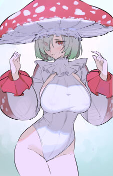 1girl breasts commentary english_commentary fly_agaric green_hair hair_over_one_eye highleg highleg_leotard highres large_breasts leotard mushroom mushroom_girl mushroom_hat original red_eyes short_hair solo standing timbougami white_leotard