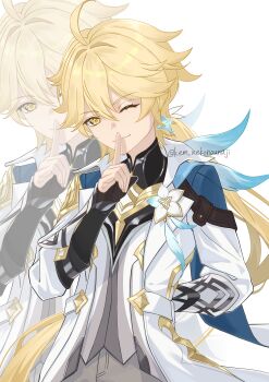 Rule 34 | 1boy, absurdres, aether (as heaven and earth are made anew) (genshin impact), aether (genshin impact), ahoge, arm behind back, black gloves, blonde hair, closed mouth, coat, commentary request, earrings, finger to mouth, flower ornament, genshin impact, gloves, hair between eyes, highres, index finger raised, jewelry, kem (kem nekonounaji), light smile, long hair, long sleeves, looking at viewer, male focus, official alternate costume, official alternate hairstyle, one eye closed, partially fingerless gloves, ponytail, single earring, solo, twitter username, upper body, very long hair, white background, white coat, yellow eyes, zoom layer