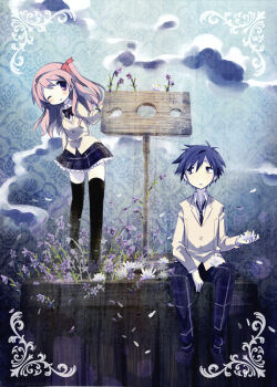 1boy 1girl black_thighhighs blazer blue_hair blue_sky chaos;head closed_mouth cloud collared_shirt falling_petals flower frown holding holding_flower jacket long_hair long_sleeves looking_at_another looking_to_the_side mamimu_(ma-mi-mu.me) necktie nishijou_takumi one_side_up pants petals pink_eyes pink_hair plaid_clothes plaid_pants plaid_skirt purple_flower sakihata_rimi science_adventure shirt short_hair sitting skirt sky smile standing stocks thighhighs white_flower yellow_jacket