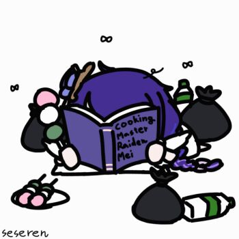 1girl animated animated_gif artist_name book bottle chibi dango english_text fly food holding holding_book honkai_(series) plastic_bottle purple_hair raiden_mei raiden_shogun seseren simple_background source_request trash_bag wagashi white_background