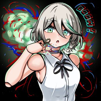 1girl absurdres black_choker black_ribbon breasts cecilia_immergreen chainsaw_man choker collared_shirt colored_inner_hair cosplay doll_joints explosion explosion_background green_eyes green_hair grey_hair hair_between_eyes highres hololive hololive_english joints looking_at_viewer medium_breasts multicolored_hair neck_ribbon open_mouth panpanmc4 reze_(chainsaw_man) reze_(chainsaw_man)_(cosplay) ribbon shirt sleeveless sleeveless_shirt solo virtual_youtuber white_shirt winding_key